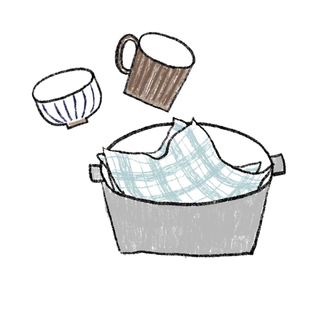 鍋底に布巾を敷く