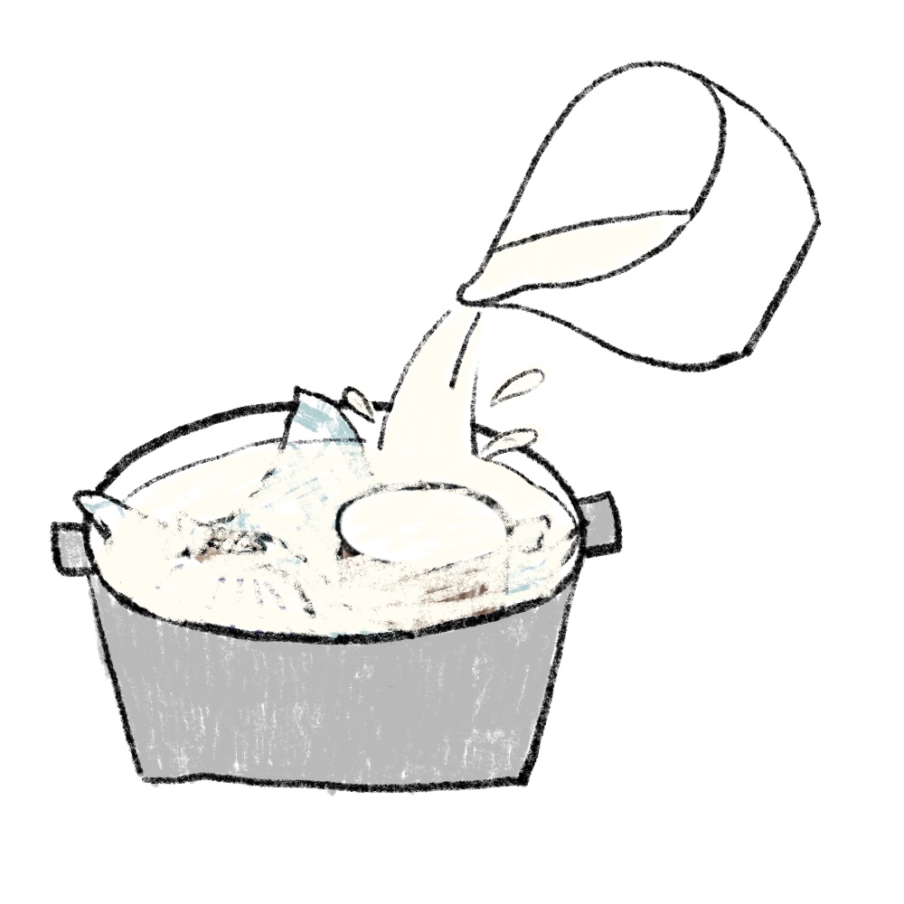 うつわがかぶるまで米のとぎ汁を注ぎます。